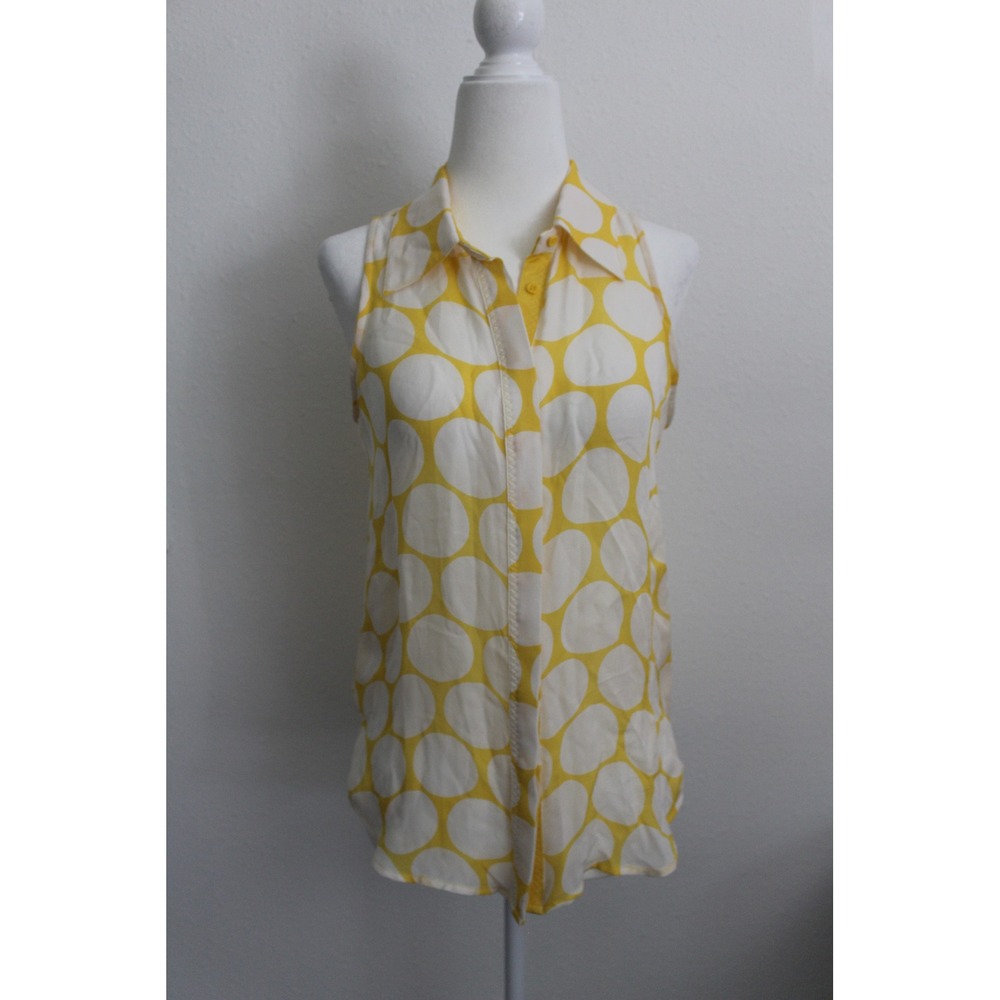 Michael Stars Women's Yellow White 100% Silk Polka Dot Sleeveless Blouse Top XS
